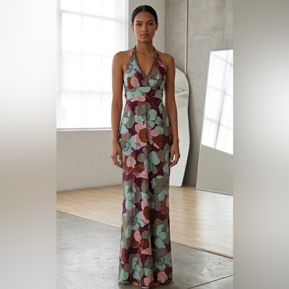 Antik Batik floral print halter neck open back maxi dress, size S